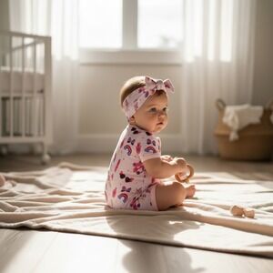 NWT Bamboo Girls Pink Rainbow Print Short Sleeve Zipper Romper